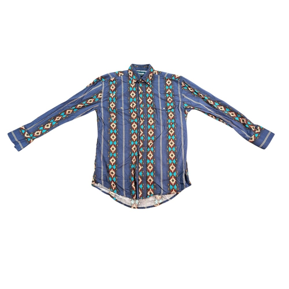 Wrangler Western Shirt Mens Medium Blue Aztec Southwest Snap Front Long Sleeve